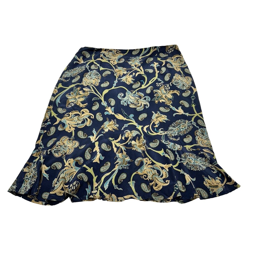 Talbots VTG Women's 16 Skirt 100% Pure Silk Lined Blue Paisley Flowy Boho Y2K